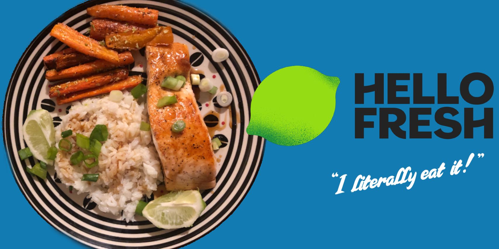 image of a home-cooked meal (salmon with rice and zesty carrots) next to the Hello Fresh logo and the statement "I literally eat it!" in quotes