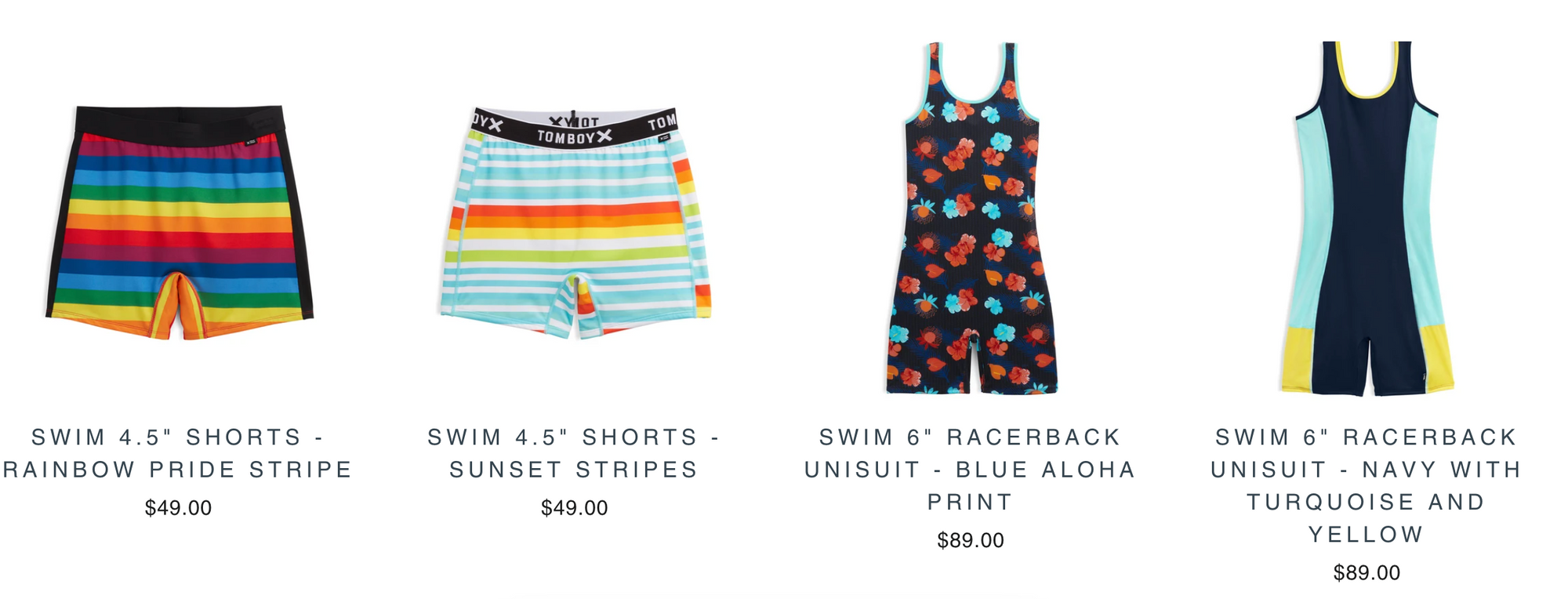 screenshot of the TomboyX website featuring 2 pairs of 4.5" swim shorts and 2 "unisuits," one-piece swimsuits that look like a tank top and shorts combined
