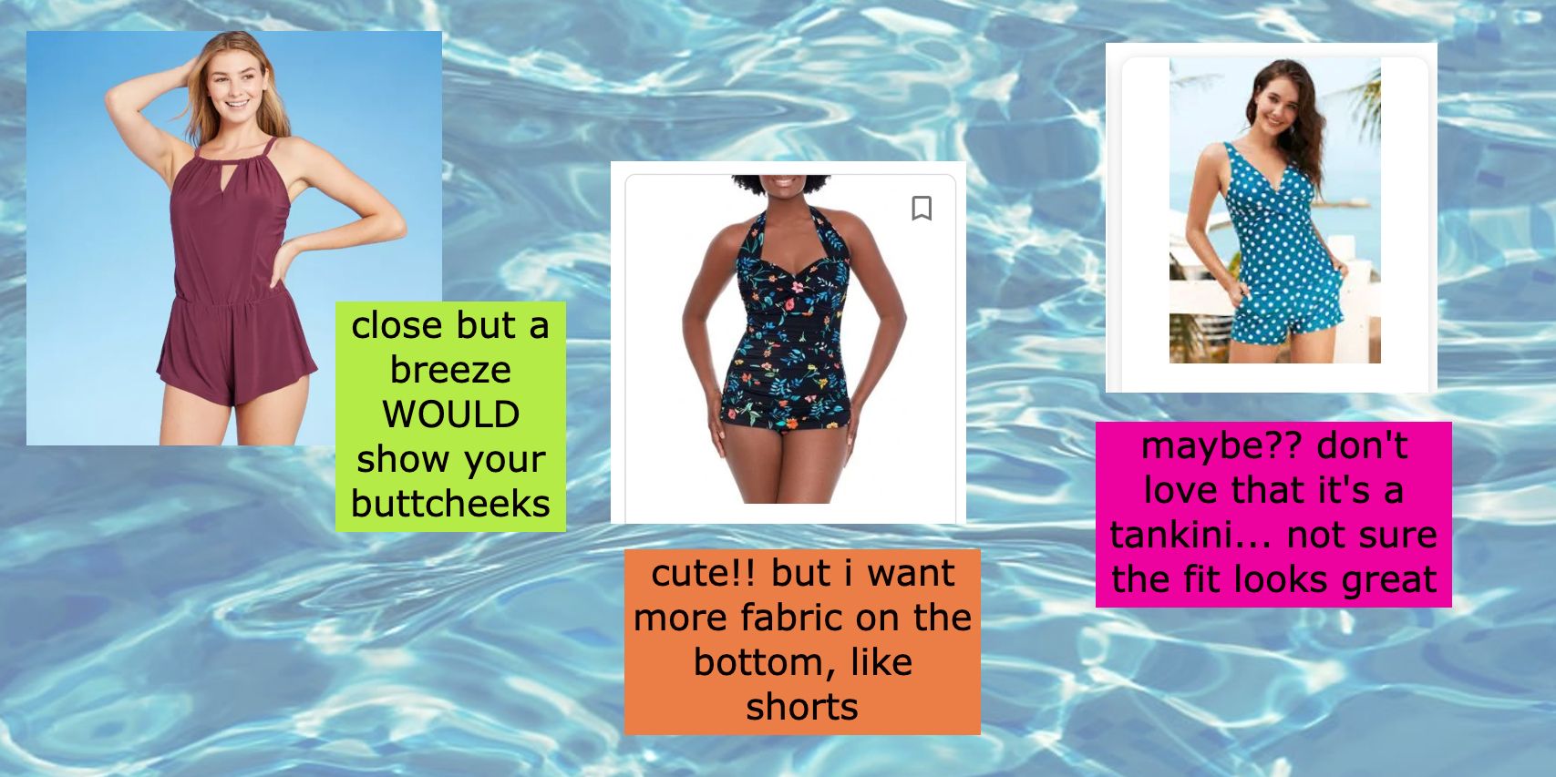 three examples of full-coverage swimsuits with notes on how they're still lacking - one is too baggy, one is too revealing, and one appears to fit badly