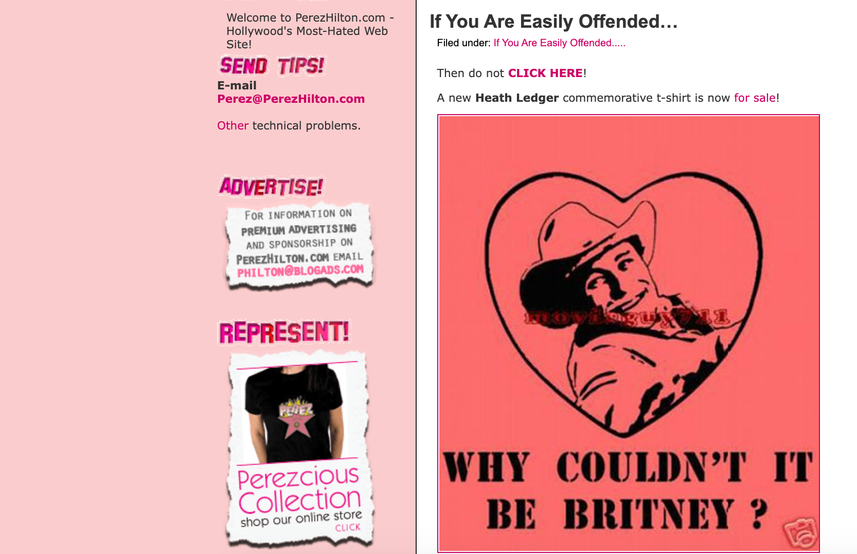 screenshot from Perez Hilton's website. A post advertises a "commemorative Heath Ledger t-shirt" with a design below: an illustration of Ledger above the words "Why couldn't it be Britney?"