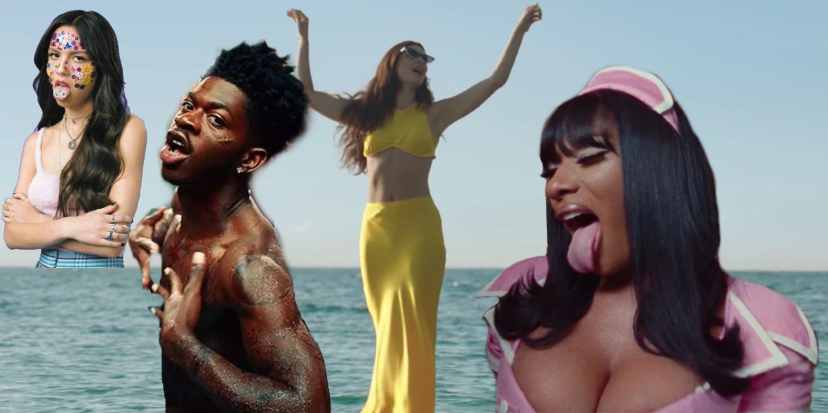 collage of Olivia Rodrigo, Lil Nas X, Lorde, and Megan Thee Stallion